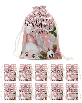 Karácsonyi Mikulás jávorszarvas rózsaszín cukorkás táskák Mikulás ajándéktáska otthoni parti dekorációk Navidad karácsonyi vászon ajándéktáskák csomagoló kellékek
