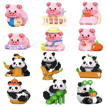 Kawaii rajzfilm rózsaszín malac mikro építőelemek Csintalan panda figurák összeszerelve Állatmodell Mini kocka játékok gyerek Mikulás ajándék