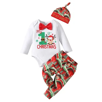 Kisfiúk 3Db karácsonyi ruhák Hosszú ujjú csokornyakkendő Romper nadrág Kalap szett Csecsemőruhák
