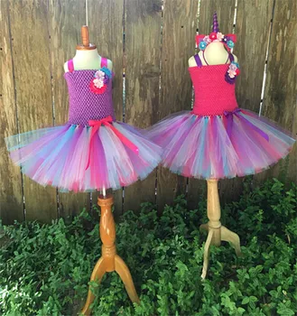 Kislányok Egyszarvú Tutu ruha Gyerekek horgolt ruha virágszalaggal masni és hajcsokor szett Gyermek party cosplay jelmez ruhák