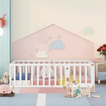 Kiságy 90 x 200, fa padló Ágykeret kerítéssel és ajtóval, Kisgyermekek számára alkalmas,Északi minimalista stílus, fehér