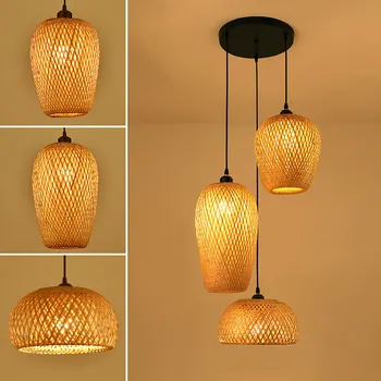 Klasszikus bambusz szövés medál fény Kézzel készített csillár Rattan szőtt LED mennyezet Függő világítás Étterem Bárszerelvények E27