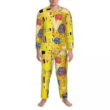 Klimt Art pizsama szett A csók nyomat Kawaii hálóruha férfi hosszú ujjú retro napi 2 részes hálóruha Nagy méret XL 2XL