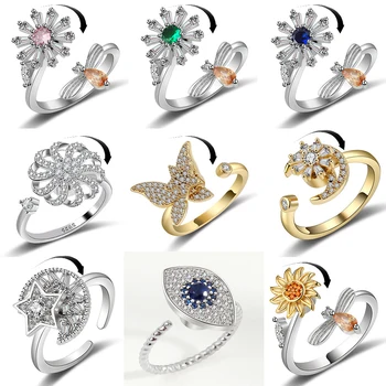 KOFSAC New Hot Sale forgatható karácsonyi hópelyhek gyűrű kicipzáras gyűrűk nőknek 925 sterling ezüst ékszer hölgy kreatív ajándékok