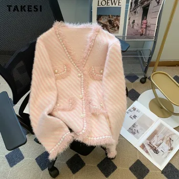 koreai divat édes alkalmi Y2K kötött hosszú ujjú pulóverek 2023 őszi téli női levélnyomtatás V-nyakú rózsaszín női pulóver