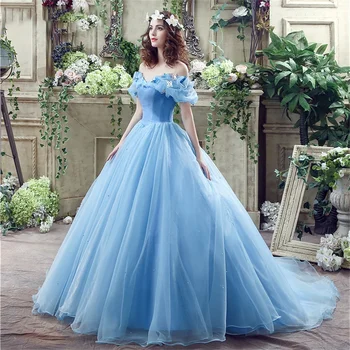 Kék báli ruha Hamupipőke hercegnő cosplay ruha le a vállról Organza hosszú báli ruha báli ruha köntös soirée