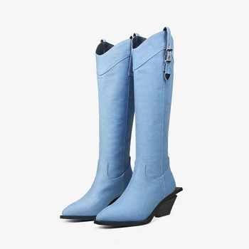 Kék farmer téli cipő 7cm magas sarkú cipő vékony, kézzel készített, szögletes orrú, tömör elegáns női térdig érő csizma HL477 MUYISEXI
