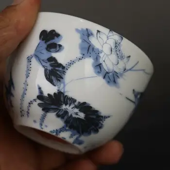 Kínai kék-fehér porcelán Qing Qianlong lótuszhal teáscsésze csésze 2,9 hüvelyk