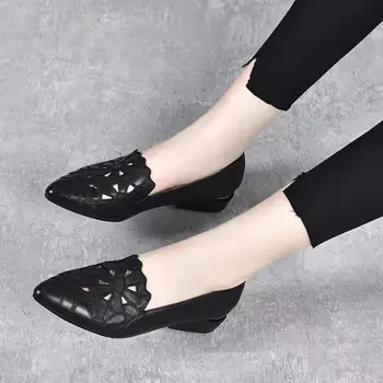 Középsarkú cipő női sarok esküvői bőr üreges fekete szögletes sarok formális cipő irodai hölgy tavasz őszi lakások