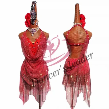 Latin Táncverseny Színpadi előadás Női ruházat Gyerekek High-end Custom Red Grid Rumba Tango Blackpool ruha