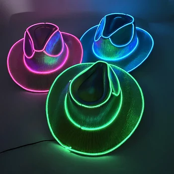 LED izzó cowgirl kalap Neon világító menyasszonyi kalap ünnepi világításhoz Fényszóró kellékek Fluoreszkáló parti kellékek Bachelorette Party kalap