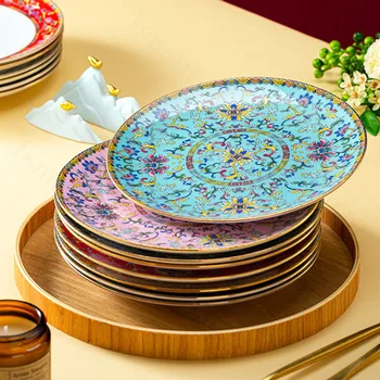 Light Luxury Gold Stroke kerámia tányér Virág dombormű zománc Edény csont Kína Western tányérok edények Háztartási edények