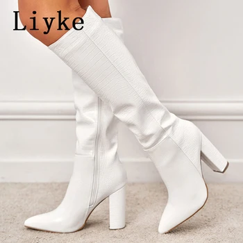 Liyke Fashion White Women Knee High Boots Sexy Snake Print Leather Hegyes orrú szögletes sarkú Ladies Long Booties Cipzáras női cipő