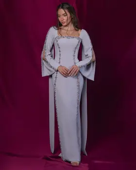 Luxus kristálybáli ruha Kézzel készített estélyi ruhák Hosszú ujjúak Kék gyöngyös pakolások Elegáns női viselet Szaúd-Arábia esküvői parti