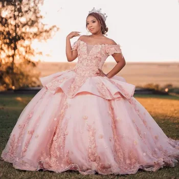 Luxus rózsaszín csipke hercegnő Quinceanera ruha báli ruha 2023 gyöngyös bojtok Party ruha 3D virág édes 16 ruha Vestido De Noiva