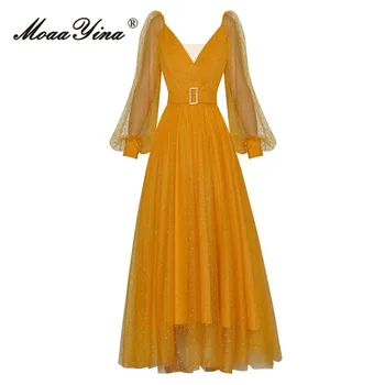 MoaaYina Divattervező ruha Nyári női ruha Egyszínű elegáns lámpás ujjú öv Slim Big Swing A-Line hosszú ruha