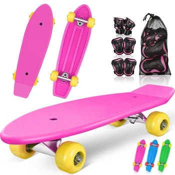 MOVTOTOP Kids gördeszka készlet komplett gördeszka downhill longboard védőfelszereléssel fiúknak, lányoknak, gyerekeknek, kezdőknek (rózsaszín)