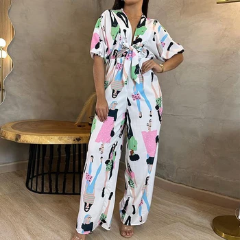 New Fashion Pattern Print Loose Jumpsuit Elegant Half Sleeve High Street Long Jumpsuit Women Casual V Neck Lace-up Party Romper