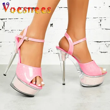 Nightclub Super High Heels Summer New Women Crystal Sandals Bling Platform Pole Dance Shoes Plus Size Pink Pumps Stripper Show