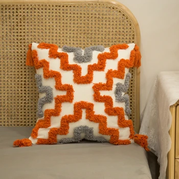 Nordic Orange Grey Tufted Throw párna bojttal Boho szőtt geometrikus csíkos négyzet alakú párnahuzat Deco