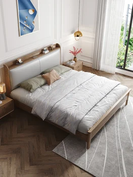 Nordic teljesen tömörfa tárolóágy, fehér viaszfa, modern minimalista puha háttámla, valódi bőr ágy, 1,8m kis méret
