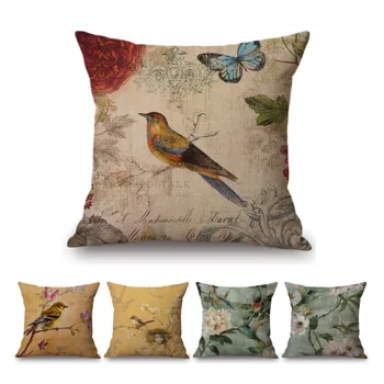 Nordic Vintage Bird virágos posta bélyeg design Lakberendezés dobópárnahuzat kanapéhoz Közepes pamutvászon dekoratív párnahuzat