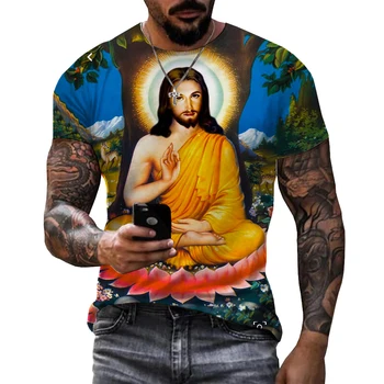 Népszerű forró akciós 3D Isten Jézus nyomtatott férfi póló 2022 nyári divat divatos pólók alkalmi túlméretezett pólók