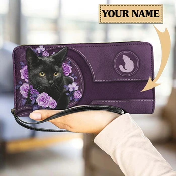 Női karkötő pénztárca bőr hitelkártya tartó macskák pénztárca hölgyek lila virágos macskák design presonalizált tengelykapcsoló pénztáskák