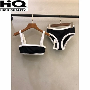 Női kifutópálya szexi fürdőruha kontraszt szín rövid harisnyatartó tartály felső + rövidnadrág Bikini úszás 2 részes szett