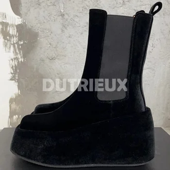Női rövid csizma Őszi téli bársony anyag Felső platform kialakítása Kerek fejű bokacsizma Divat Sokoldalú női cipő
