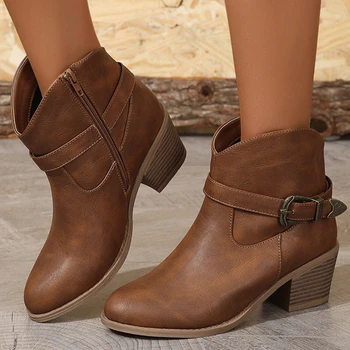 Női sarok Cowboy csizma Női őszi hegyes orrú nyugati bokacsizma Női oldalsó cipzáras cowgirl cipő Zapatos para Mujeres
