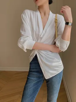 Női V-nyakú hosszú ujjú ing, gyönyörű fehér derékpántos felső, egyszerű és egyedi, tavasz és ősz, új design