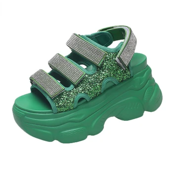 Nők Platform ékek Szandál Zöld Nyári Légáteresztő 9CM Magas sarkú cipő Női Crystal Beach Papucs Vaskos cipő Sandalias Mujer