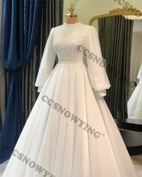 Organza rátétekkel Muszlim menyasszonyi ruha hosszú ujjú magas nyakú hidzsáb menyasszonyi ruha Dubai arab Vestidos de Novia