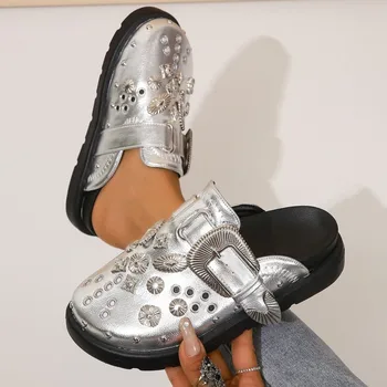 Papucs Női lakások Platform Öszvérek Cipők Új tervező Virág Alkalmi Heveder Ezüst Szandál Séta Flip Flops Mujer Zapatos