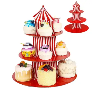 Papír cupcake állvány hordozható kerek papír cupcake torony kijelző Karácsonyi 3 szint Piros csíkok toronytartó Party kellékek