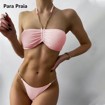 Para Praia 2023 Halter Bikini szett fürdőruha női fürdőruha lánc Bandeau Bikini szexi fürdőruha kötés brazil biquini