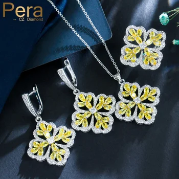 Pera Fashion 6 szín választás ékszer szett Nagy sárga négyzet alakú virág CZ kristály nyaklánc fülbevaló gyűrű nőknek Party ajándék J052