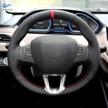 Peugeot 208 / 2008 2014 2015 2016 2017 2018 Kézi fonat autó kormánykerék fedél fekete perforált bőr piros vonal piros csík