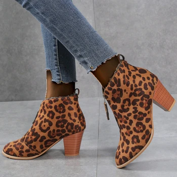 Plus Size női leopárd nyomat Vaskos sarkú bokacsizma Őszi cipő nőknek Flock cipzáras női rövid csizma Platform cipő