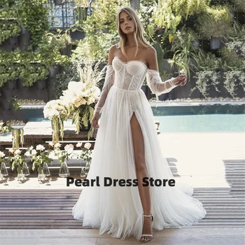 Puha tüll csipke Bohém stílusú esküvői ruha levehető hosszú ujjú menyasszonyi ruha 2023 High Split rakott tengerparti esküvői parti