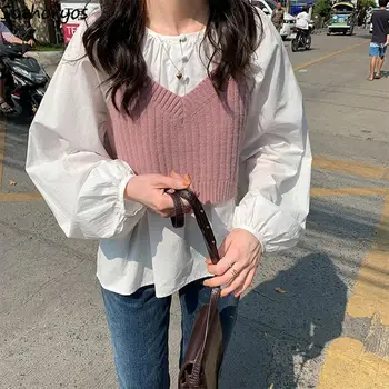 Pulóver mellény Nők Koreai stílusú divat Crop felsők Szabadidő V-nyak Trendi édes pulóverek Diákok Szép Egyszerű Szilárd Minden mérkőzés