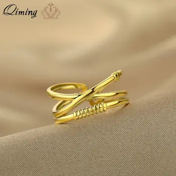 QIMING kalapált keresztben állítható gyűrűk nőknek Koreai fém arany rozsdamentes acél vintage gyűrű