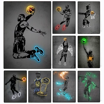 Ragyogó poszter Kosárlabdázó Festés Vászon Művészet Neon stílus Absztrakt Pop Wall Art Képek Nyomatok bárhoz Lakberendezés