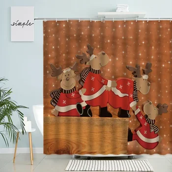 Rajzfilm jávorszarvas zuhanyfüggöny Boldog karácsonyt Fürdőszoba dekoráció Téli szórakozás Állat Rusztikus Vintage Régi fa horoggal poliészter képernyő