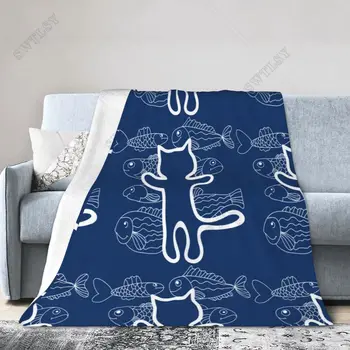 Rajzfilm macska takaró puha, könnyű tartós macska és hal flanel gyapjú takaró, kék téma flanel gyapjú takaró ágykanapéhoz