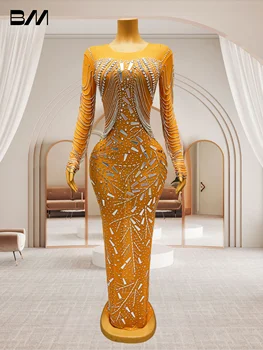 Real Images Gold Mirror hosszú estélyi ruha nőknek Hosszú ujjú bojt Sellő báli ruhák koktélparti ruha De Soriee köntös