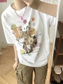 Retro Harajuku Fashion női ing Aranyos tejmacska grafikus pólók Túlméretezett pólók Y2k Esztétikus pamut női pólók Streetwear felsők