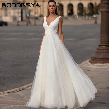 RODDRSYA Egyszerű tüll V-nyakú esküvői ruhák Elegáns hát nélküli civil menyasszonyi parti Romantikus 3D nyomtatás A-vonalú Vestido De Noiva