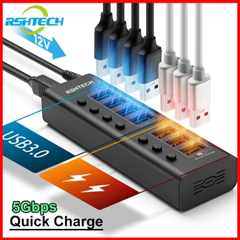 RSHTECH A37 USB Hub Multi USB Splitter 7Portok Több bővítő 3.0 hub 5 Gbps adatátvitel QC3.0 36 W-os egyedi be-/kikapcsoló
